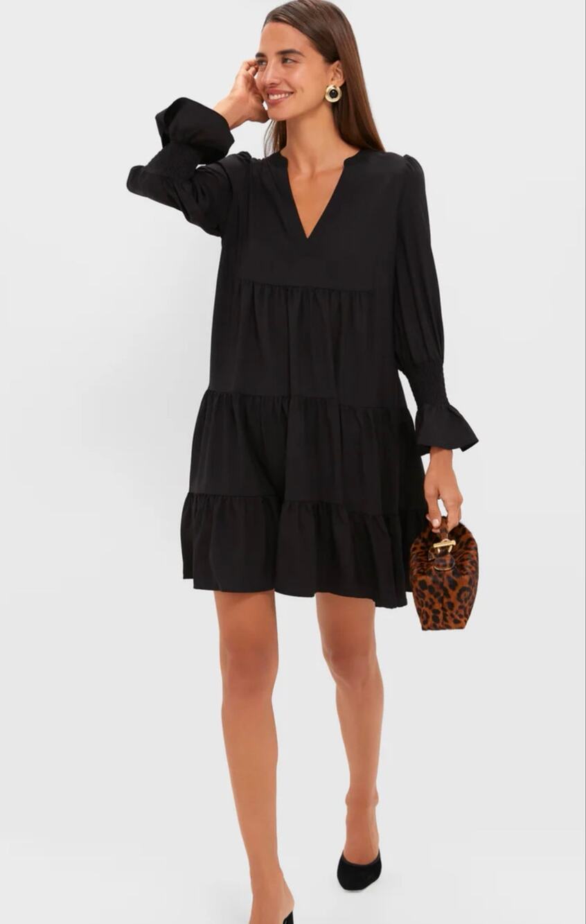 Tuckernuck Pomander Place Black crepe Kenzo long sleeve tier mini dress S